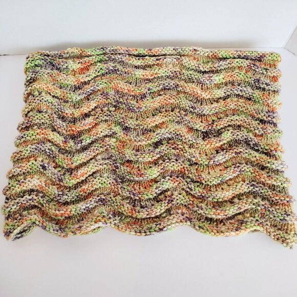 Luxury Merino Wool Hand Knit Cowl Scarf Pastel Multicolor Soft Ripple Textured - Picture 6 of 7